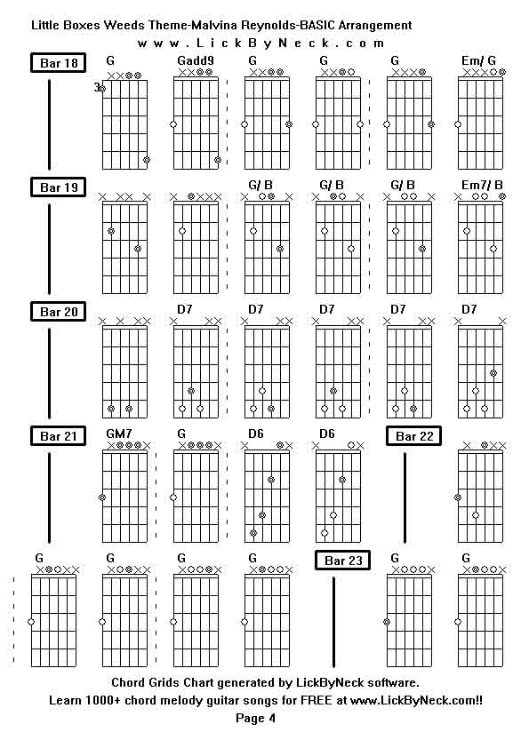 Chord Grids Chart of chord melody fingerstyle guitar song-Little Boxes Weeds Theme-Malvina Reynolds-BASIC Arrangement,generated by LickByNeck software.